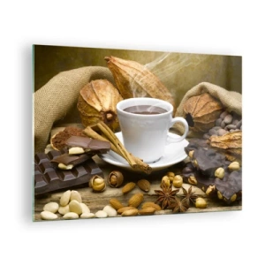 Impression sur verre - Image sur verre - Une tasse de chocolat chaud entourée de chocolat et d'épices - 70x50cm - Pour les amateurs de sensations fortes - Décoration murale moderne pour le salon et la chambre ARTTOR