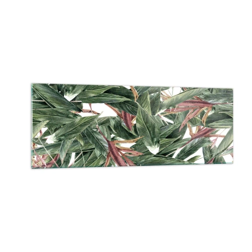 Impression sur verre - Image sur verre - Un motif de feuille décoratif dans des tons de vert et de bordeaux sur un fond clair - 140x50cm - Arbuste émeraude-lilas - Décoration murale moderne pour le salon et la chambre ARTTOR