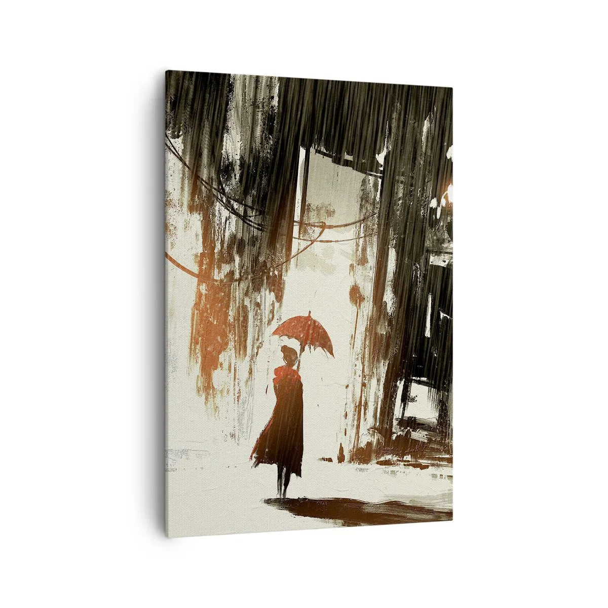 Impression sur toile - Image sur toile - Une figure rouge avec un parapluie dans une scène pluvieuse - 70x100cm - La poésie du parapluie rouge - Décoration murale moderne pour le salon et la chambre ARTTOR