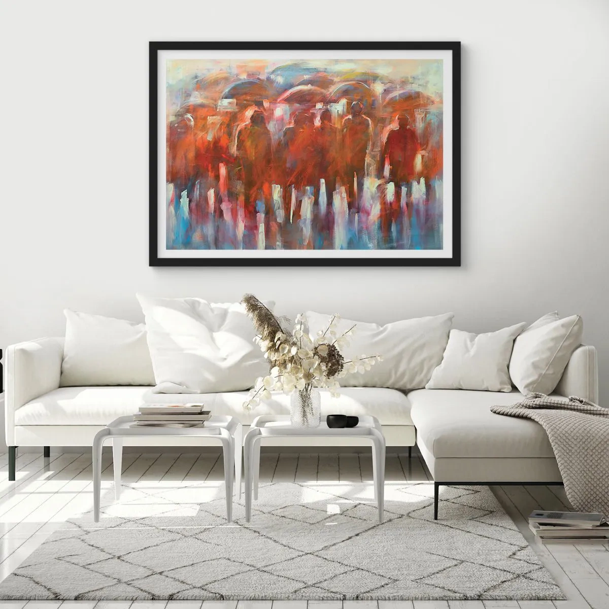 Affiche dans un cadre noir - Poster - Une foule de personnes avec des parapluies dans un décor pluvieux et artistique - 100x70cm - Identiques sous la pluie et dans le brouillard - Décoration murale moderne pour le salon et la chambre ARTTOR