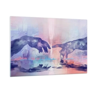 Impression sur verre - Image sur verre - Mains abstraites s'approchant l'une de l'autre sur un fond pastel. - 120x80cm - Divine étincelle de vie - Décoration murale moderne pour le salon et la chambre ARTTOR