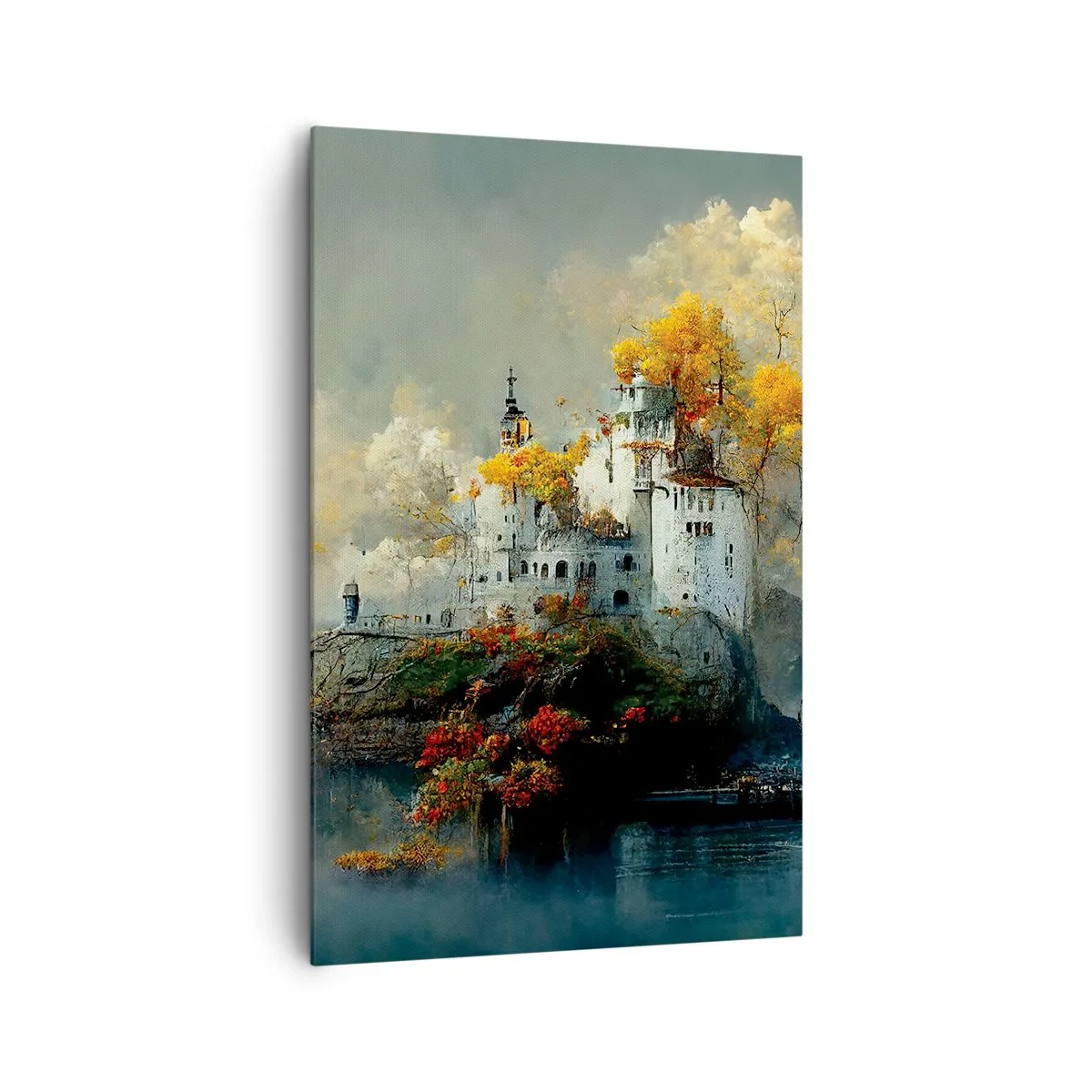 Impression sur toile - Image sur toile - Un château sur une colline entouré d'arbres d'automne - 80x120cm - Le début d'une histoire romantique - Décoration murale moderne pour le salon et la chambre ARTTOR