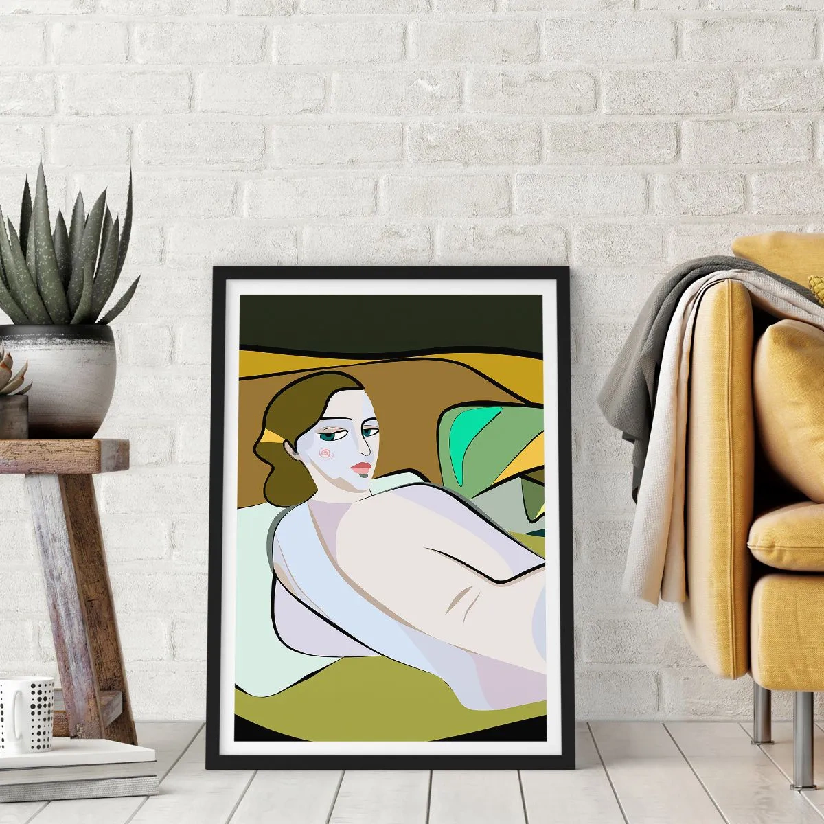 Affiche dans un cadre noir - Poster - Une femme dans un style abstrait sur un fond vert et marron - 50x70cm - Portrait intime - Décoration murale moderne pour le salon et la chambre ARTTOR