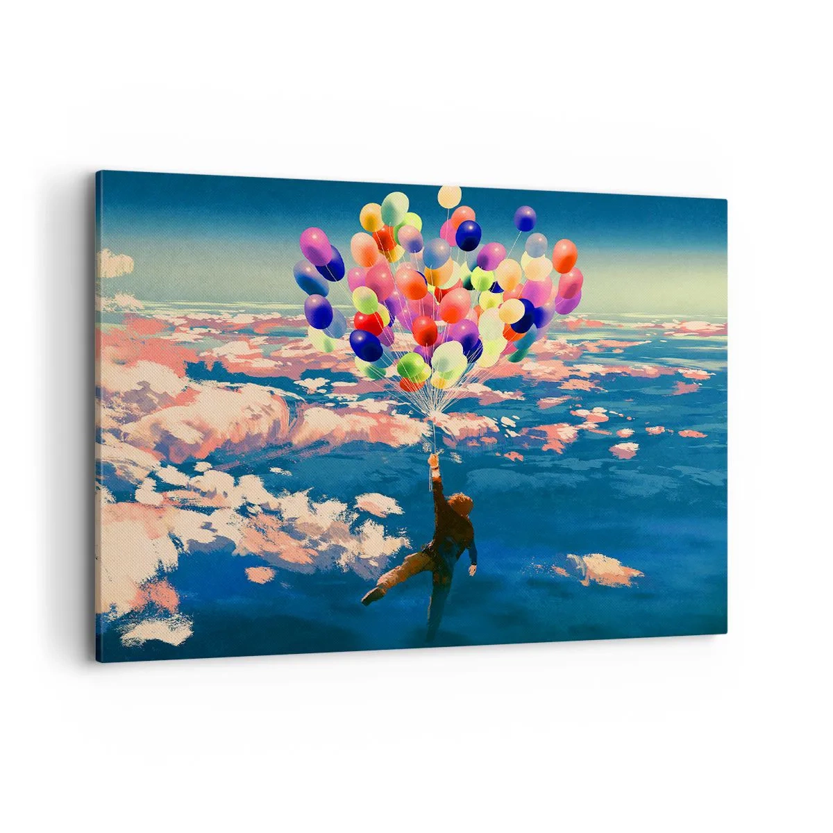 Impression sur toile - Image sur toile - Une silhouette flottant au-dessus des nuages avec des ballons colorés - 120x80cm - Un rêve d'enfant devenu réalité - Décoration murale moderne pour le salon et la chambre ARTTOR
