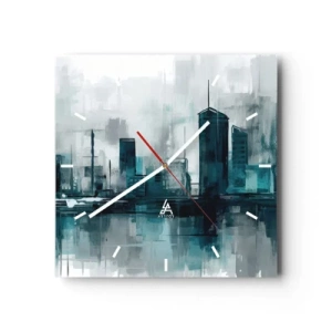 Horloge murale - Pendule murale - Une ville moderne aux tons turquoise et gris - 30x30cm - Une ville couleur de pluie - Décoration murale moderne pour le salon et la chambre ARTTOR