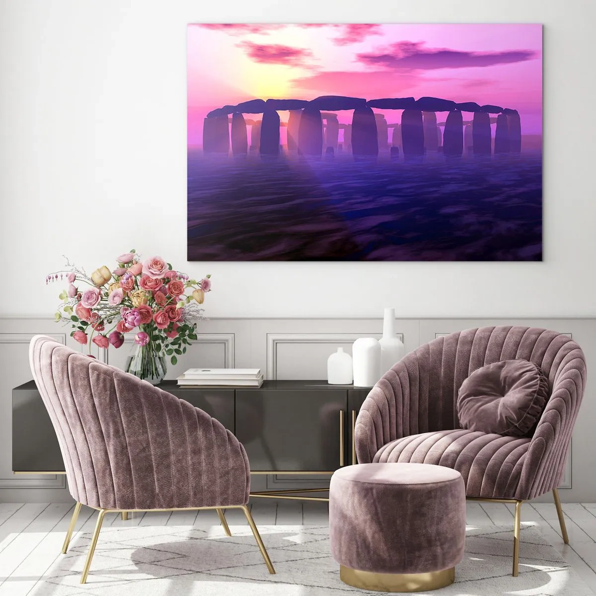 Impression sur verre - Image sur verre - Stonehenge à la lumière d'un coucher de soleil rose - 70x50cm - Mystère à l'aube dans le brouillard - Décoration murale moderne pour le salon et la chambre ARTTOR