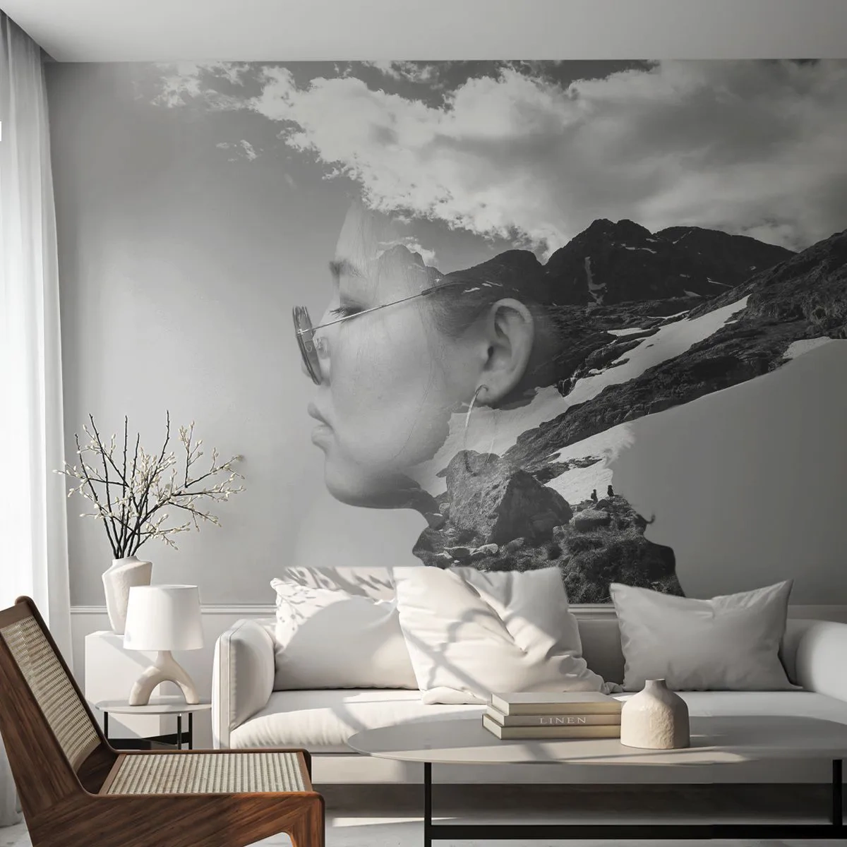 Papier Peint Photo Premium Canvas - Portrait de montagnes et nuages - Abstraction, Tête de femme, Fantaisie - 400x280 cm