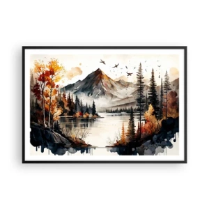 Affiche dans un cadre noir - Poster - Paysage de montagne d'automne avec un lac et des arbres à l'aquarelle - 100x70cm - Automne doré dans les montagnes - Décoration murale moderne pour le salon et la chambre ARTTOR