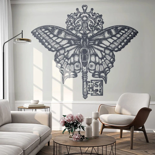 Papier Peint Photo Standard Eco - Papillon stylisé avec une clé dans un motif monochrome - 100x70cm - Tous les secrets du coeur - Décoration murale moderne pour le salon et la chambre ARTTOR