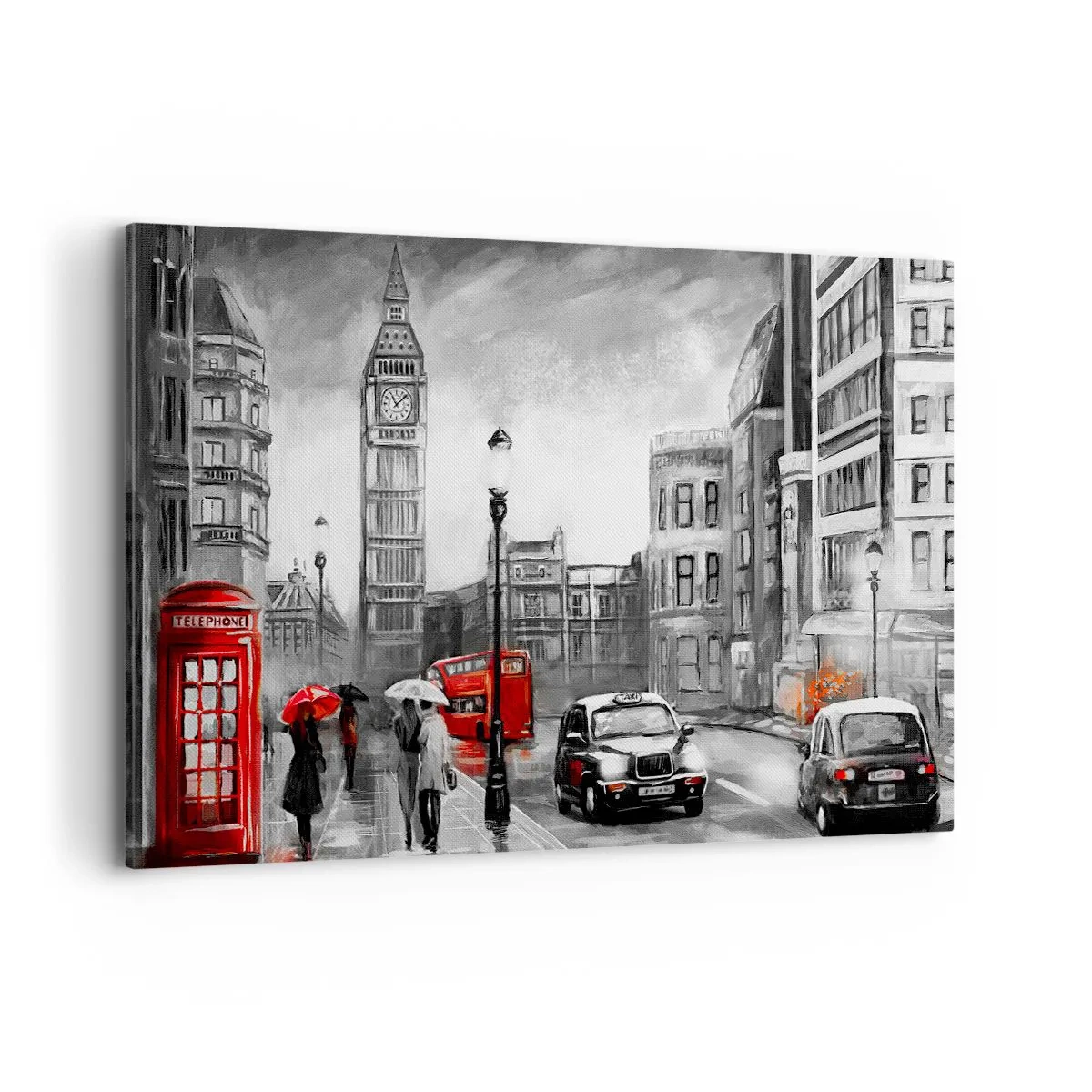 Impression sur toile - Image sur toile - Une scène londonienne en noir et blanc avec des accents rouges - 120x80cm - Pas du tout une ville grise - Décoration murale moderne pour le salon et la chambre ARTTOR