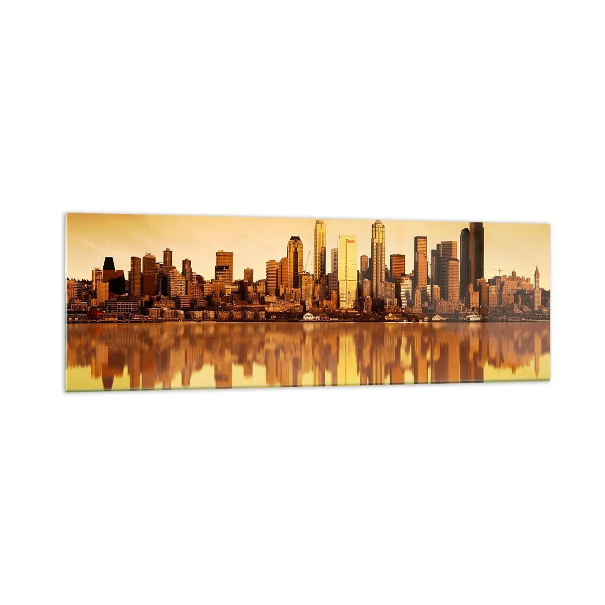 Impression sur verre - Image sur verre - Panorama de la ville reflété dans l'eau au coucher du soleil - 160x50cm - Le silence de la métropole - Décoration murale moderne pour le salon et la chambre ARTTOR