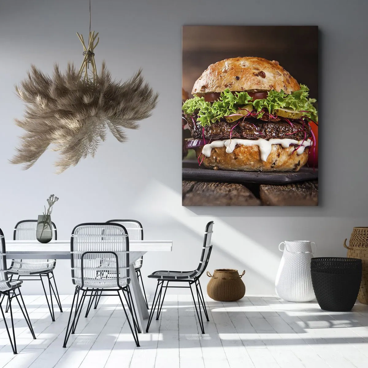 Impression sur toile - Image sur toile - Burgers appétissants avec légumes et sauce - 50x70cm - American dream - Décoration murale moderne pour le salon et la chambre ARTTOR