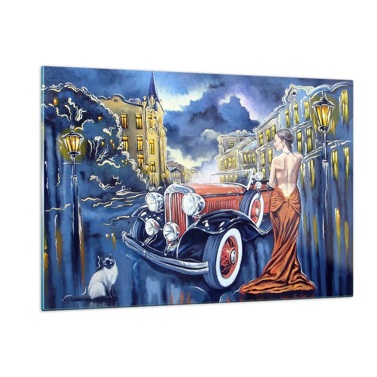Impression sur verre - Image sur verre - Une femme dans une robe élégante à côté d'une voiture classique - 120x80cm - Nocturne en bleu et corail - Décoration murale moderne pour le salon et la chambre ARTTOR