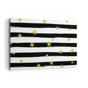 Impression sur toile - Image sur toile - Rayures noires et blanches avec étoiles dorées - 100x70cm - Nous sommes tous nés sous une bonne étoile - Décoration murale moderne pour le salon et la chambre ARTTOR