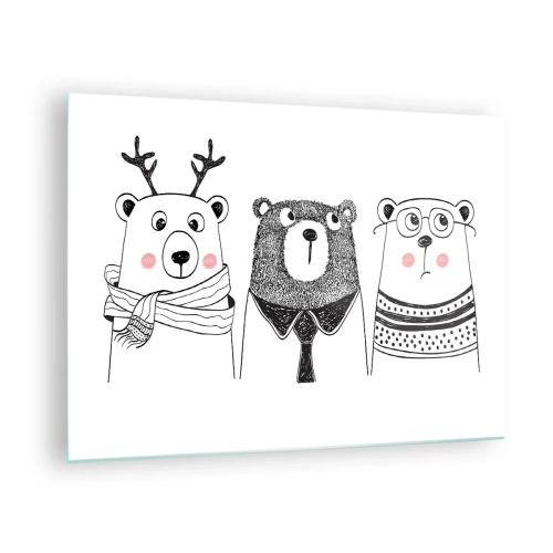 Impression sur verre - Image sur verre - Trois ours drôles dans une illustration en noir et blanc - 70x50cm - Ours en peluche, petit ours en peluche et doudou - Décoration murale moderne pour le salon et la chambre ARTTOR