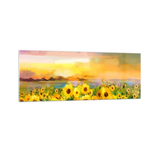 Impression sur verre - Image sur verre - Un champ de tournesols à la lumière du soleil couchant - 140x50cm - Le soleil lui-même est descendu sur terre - Décoration murale moderne pour le salon et la chambre ARTTOR