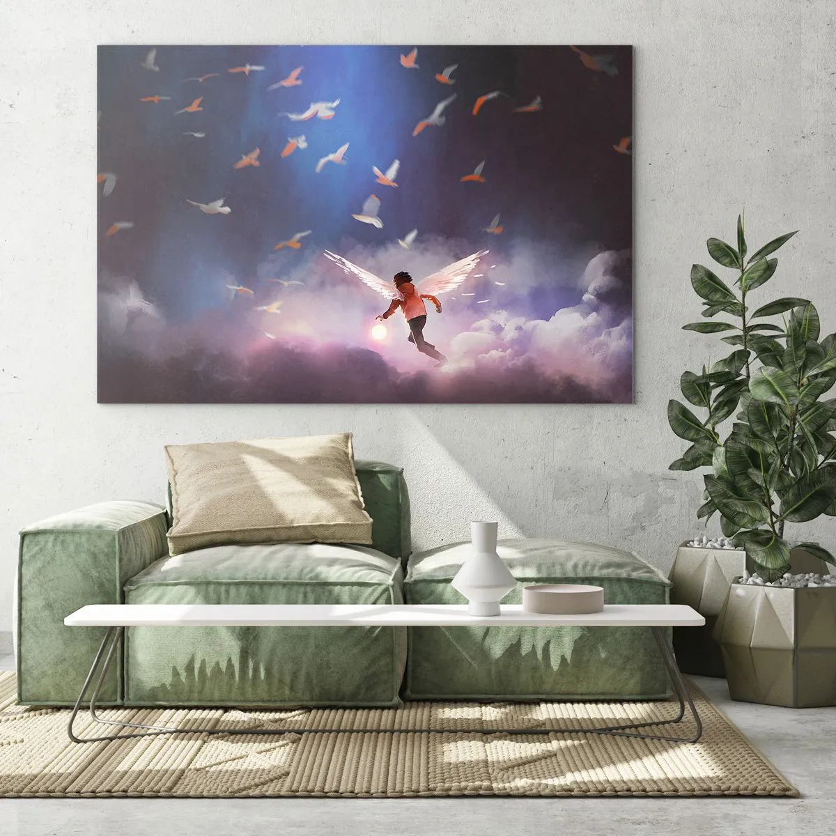 Impression sur verre - Image sur verre - Une silhouette avec des ailes d'ange flottant parmi les nuages - 120x80cm - Il faut de l'imagination et du courage - Décoration murale moderne pour le salon et la chambre ARTTOR