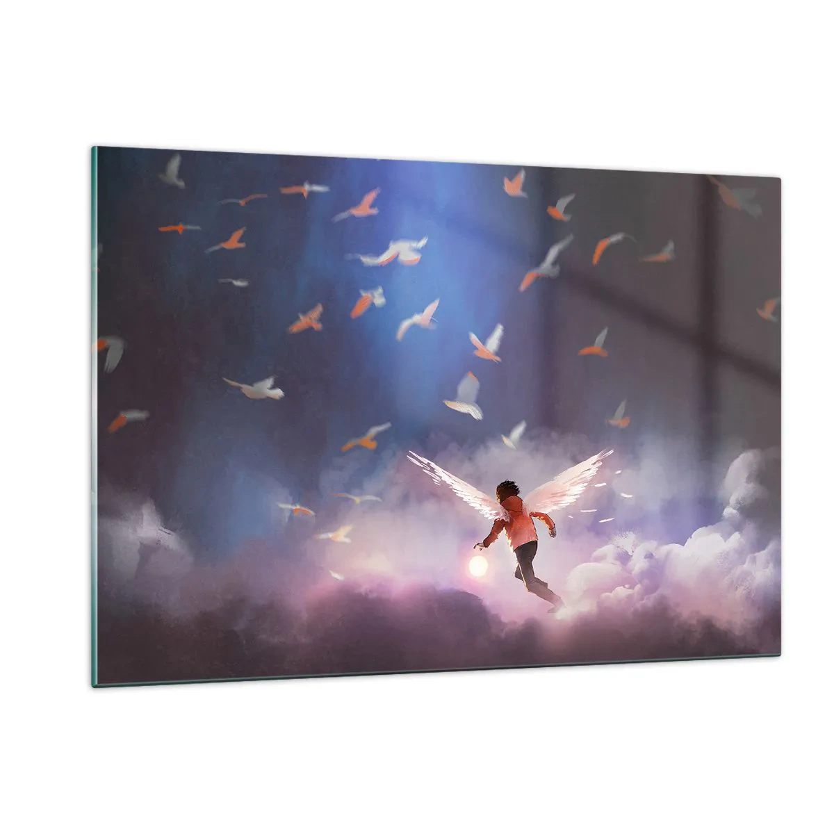 Impression sur verre - Image sur verre - Une silhouette avec des ailes d'ange flottant parmi les nuages - 120x80cm - Il faut de l'imagination et du courage - Décoration murale moderne pour le salon et la chambre ARTTOR