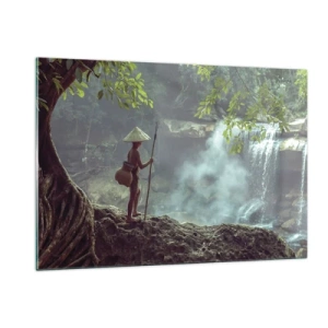 Impression sur verre - Image sur verre - Un garçon avec une lance près d'une cascade dans la forêt tropicale - 120x80cm - Lier d'amitié avec la nature - Décoration murale moderne pour le salon et la chambre ARTTOR