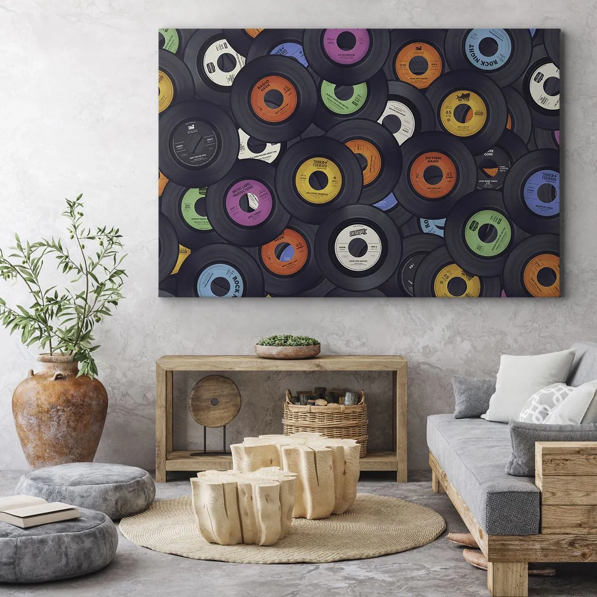 Impression sur toile - Image sur toile - Des vinyles colorés empilés les uns sur les autres - 70x50cm - Couleurs des classiques - Décoration murale moderne pour le salon et la chambre ARTTOR