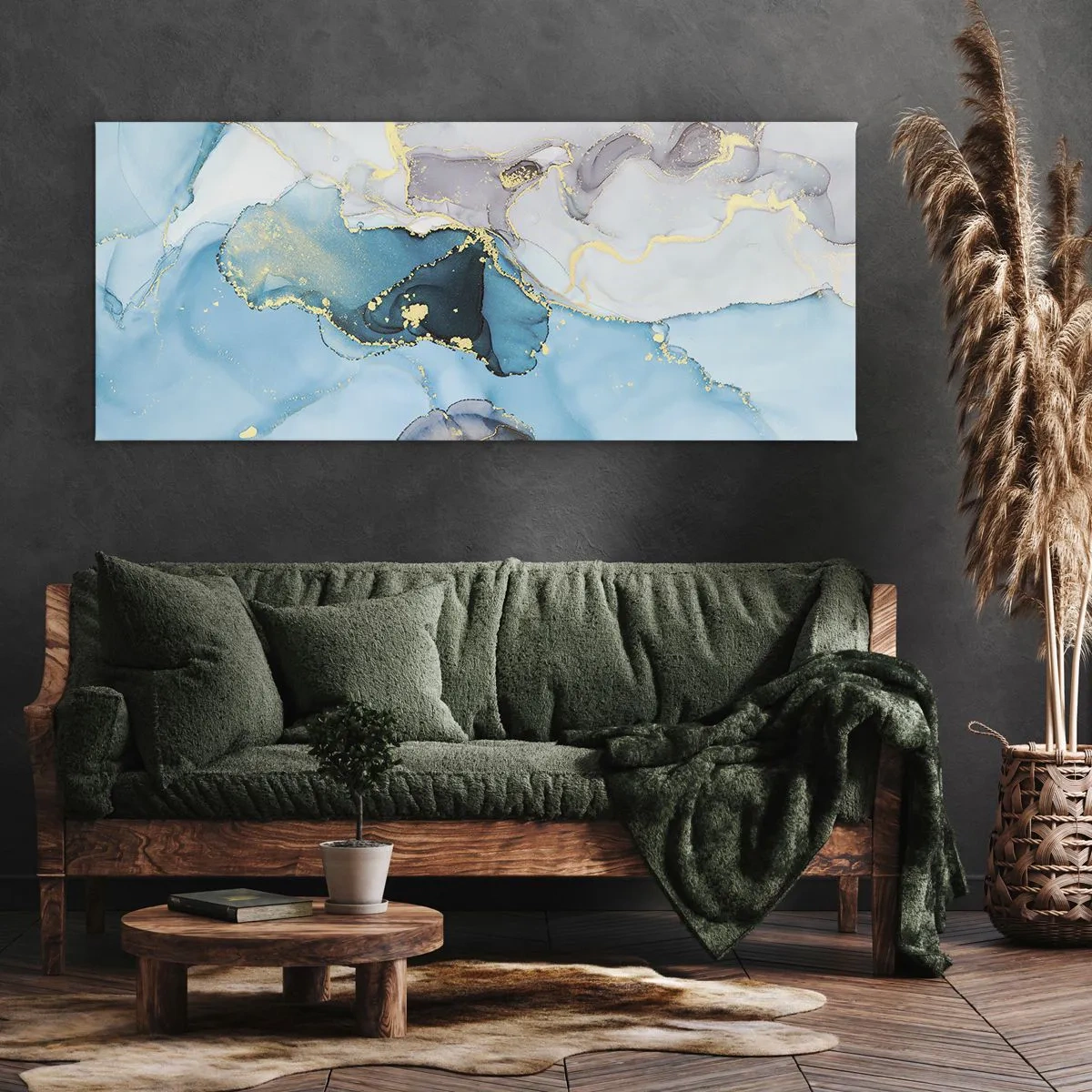 Impression sur toile - Image sur toile - Abstraction dans les tons de bleu et d'or avec des lignes subtiles - 160x50cm - Etude de la rencontre gris et turquoise - Décoration murale moderne pour le salon et la chambre ARTTOR