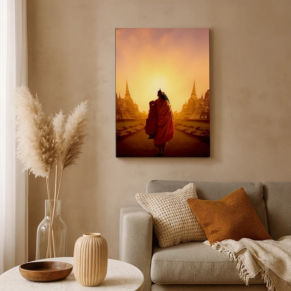 Impression sur toile - Image sur toile - Un moine parmi les temples au coucher du soleil - 50x70cm - En paix pour l'éternité - Décoration murale moderne pour le salon et la chambre ARTTOR