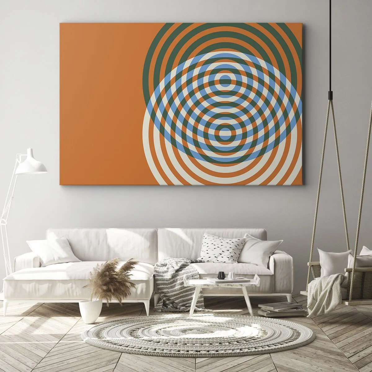 Impression sur toile - Image sur toile - Cercles concentriques sur fond orange - 100x70cm - Variation circulaire abstraite - Décoration murale moderne pour le salon et la chambre ARTTOR
