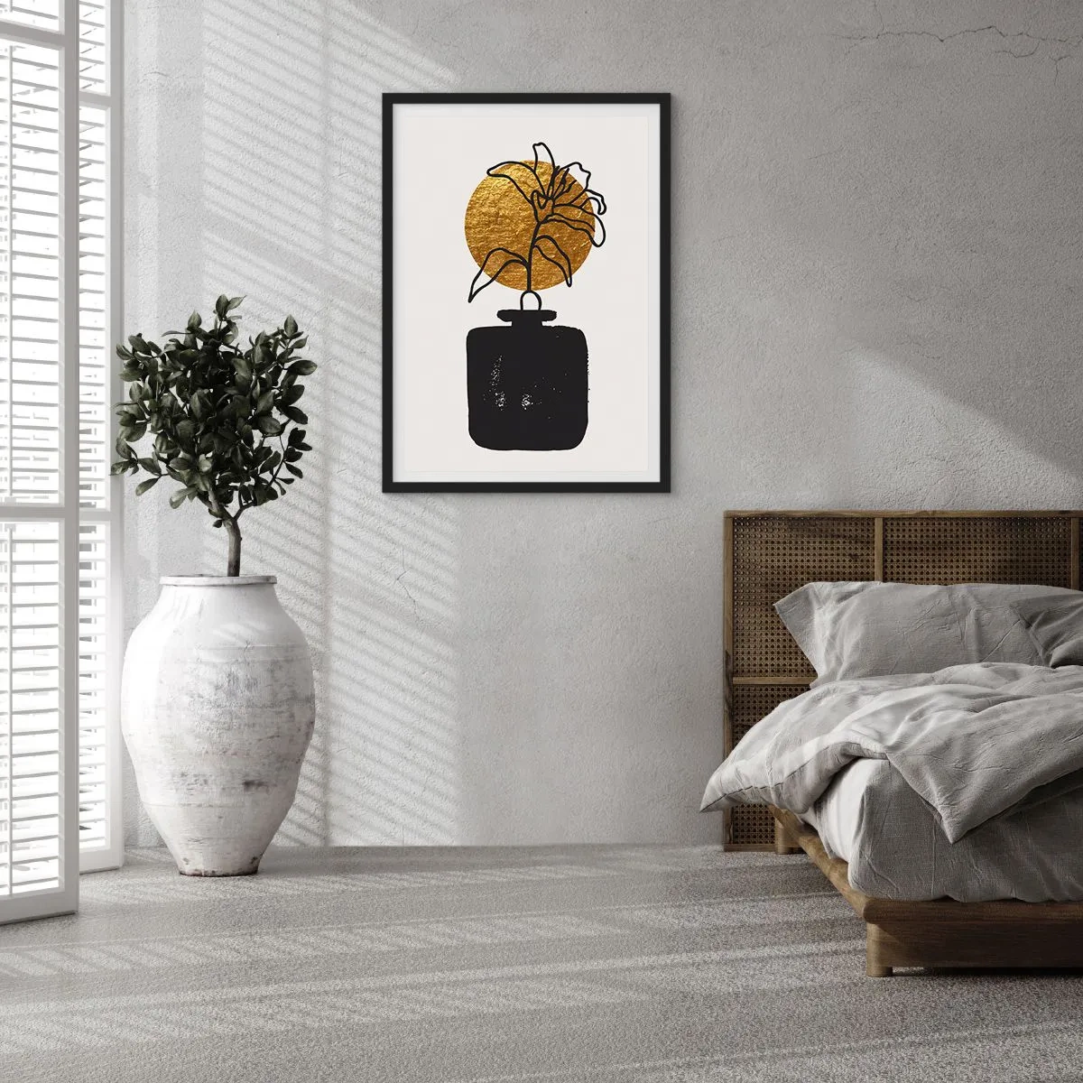 Affiche dans un cadre noir - Poster - Composition abstraite avec une fleur et un cercle doré - 50x70cm - La beauté vaut son pesant d'or - Décoration murale moderne pour le salon et la chambre ARTTOR