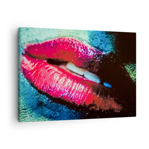 Impression sur toile - Image sur toile - Gros plan de lèvres colorées et brillantes sur un fond artistique - 70x50cm - Sensuel et dérangeant - Décoration murale moderne pour le salon et la chambre ARTTOR