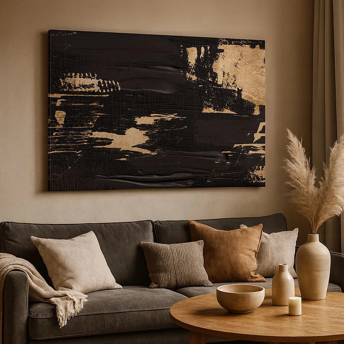Impression sur toile - Image sur toile - Composition abstraite dans les tons de noir et d'or - 70x50cm - Empreinte du toucher - Décoration murale moderne pour le salon et la chambre ARTTOR