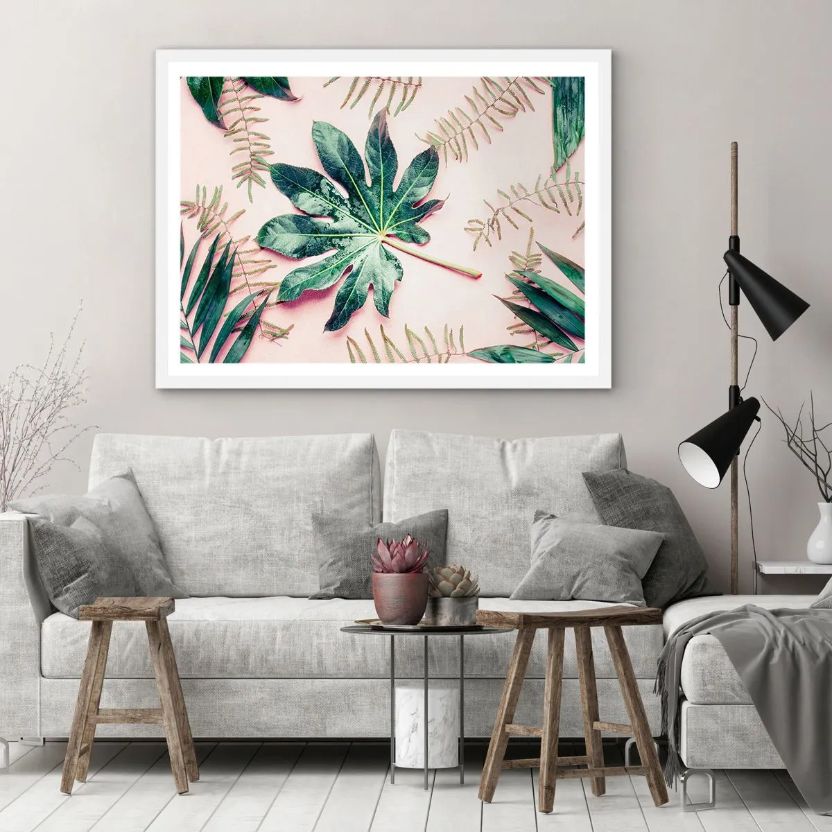 Affiche dans un cadre blanc - Poster - Étude de verdure sur fond rose - 100x70 cm