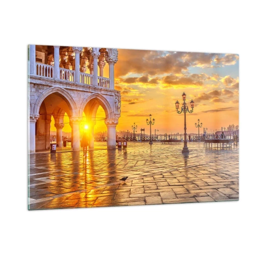 Impression sur verre - Image sur verre - Lever de soleil sur les arcades et la place - 120x80cm - Où est tout le monde? - Décoration murale moderne pour le salon et la chambre ARTTOR
