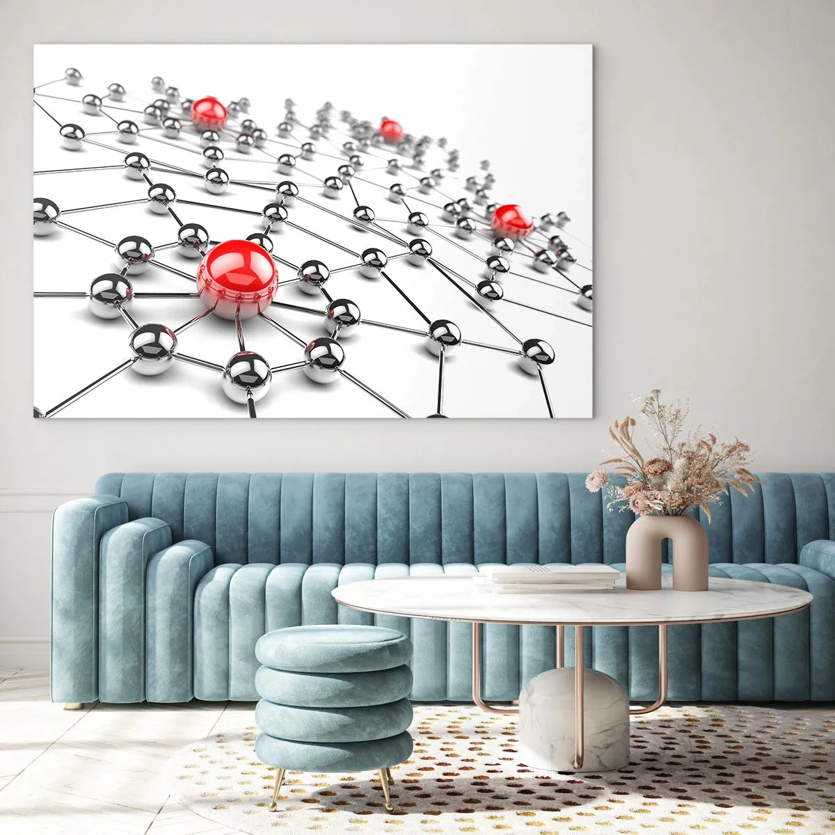 Impression sur verre - Image sur verre - Réseau moléculaire argenté avec des accents rouges - 70x50cm - Toile argentée - Décoration murale moderne pour le salon et la chambre ARTTOR