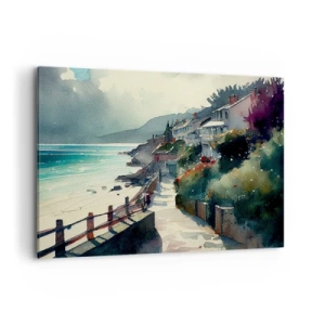 Impression sur toile - Image sur toile - Promenade en bord de mer avec maisons et végétation - 100x70cm - Ville méditerranéenne - Décoration murale moderne pour le salon et la chambre ARTTOR