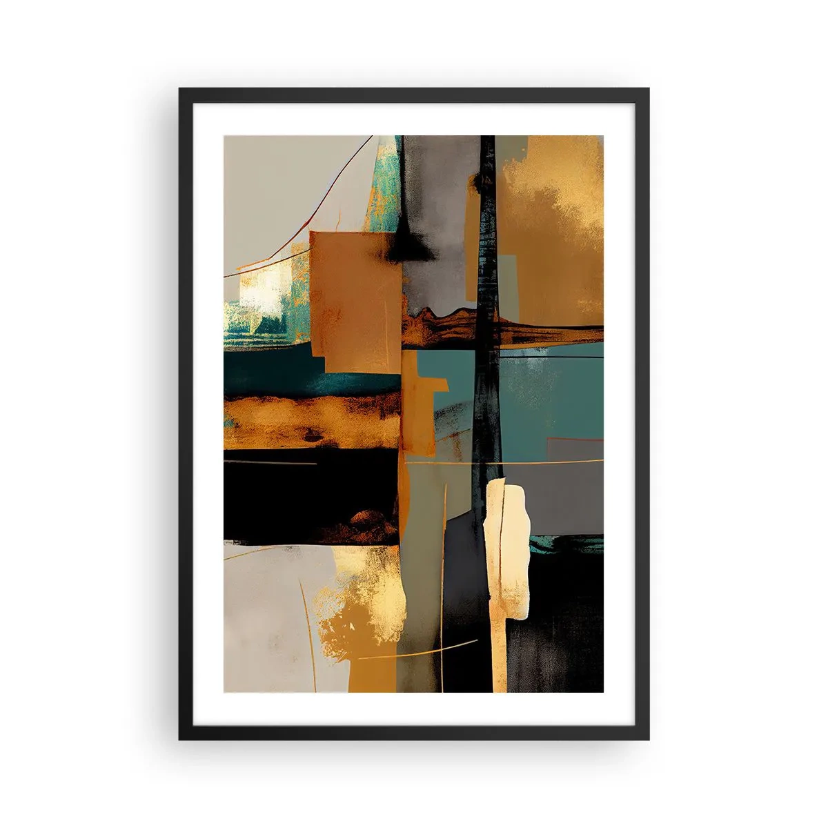Affiche dans un cadre noir - Poster - Une composition abstraite dans des tons d'or et de turquoise - 50x70cm - Abstraction – lumière et ombre - Décoration murale moderne pour le salon et la chambre ARTTOR