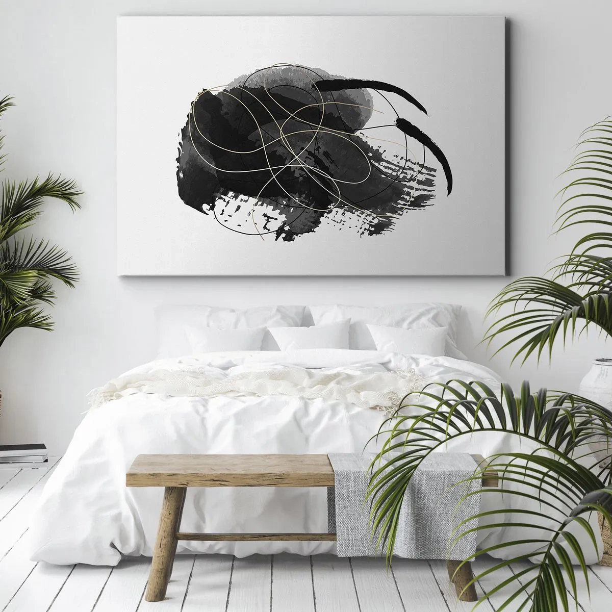 Impression sur toile - Image sur toile - Abstraction en noir et or sur fond blanc - 70x50cm - Fait de noir - Décoration murale moderne pour le salon et la chambre ARTTOR