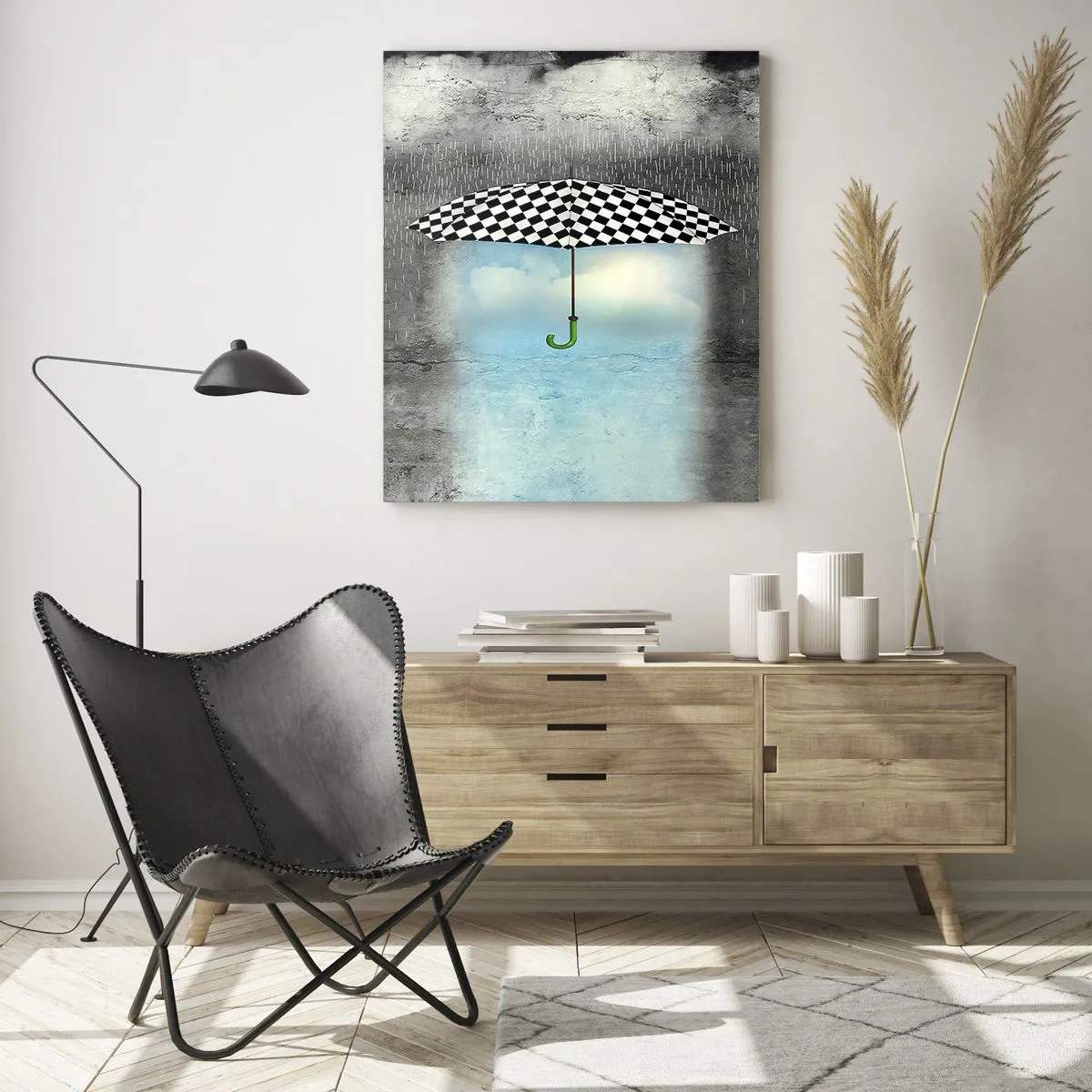Impression sur verre - Image sur verre - Un parapluie à carreaux sur un paysage pluvieux - 80x120cm - Et pourtant c'est possible - Décoration murale moderne pour le salon et la chambre ARTTOR