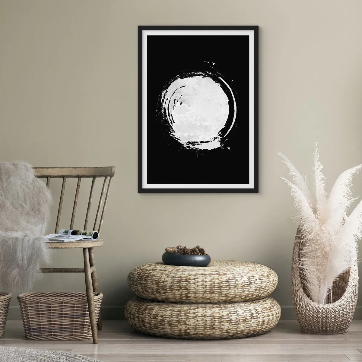 Affiche dans un cadre noir - Poster - Forme de cercle abstrait blanc sur fond noir - 50x70cm - Belle sortie - Décoration murale moderne pour le salon et la chambre ARTTOR