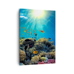 Impression sur toile - Image sur toile - Récif corallien avec des poissons sous les rayons du soleil sous l'eau - 50x70cm - Trésor sous-marin - Décoration murale moderne pour le salon et la chambre ARTTOR