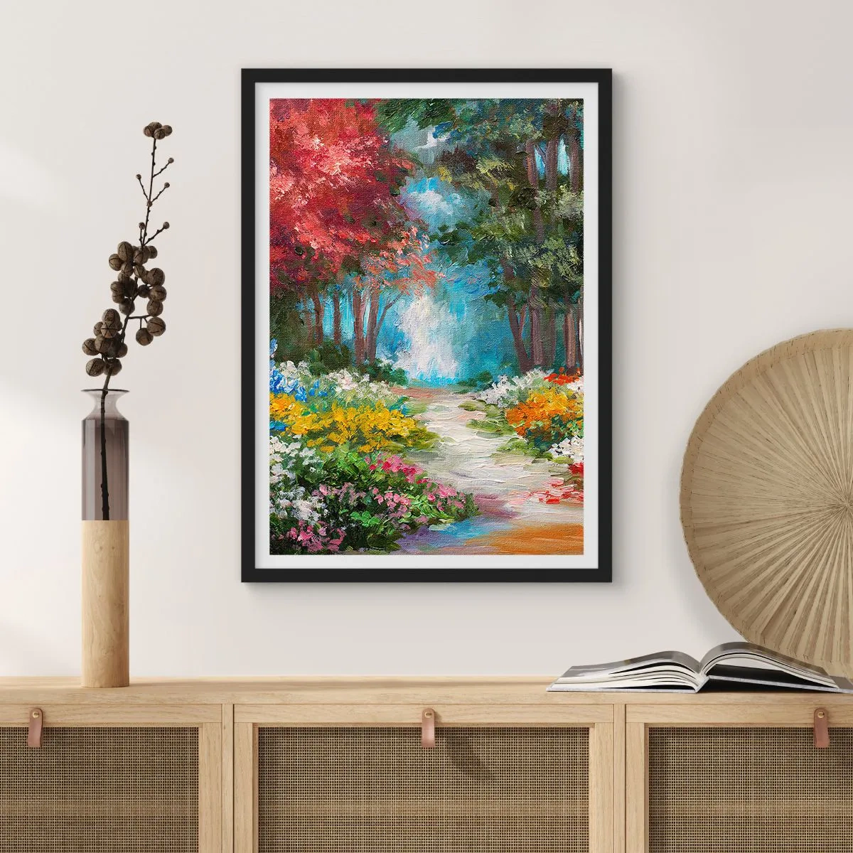 Affiche dans un cadre noir - Poster - Jardin forestier, forêt de fleurs - 70x100 cm