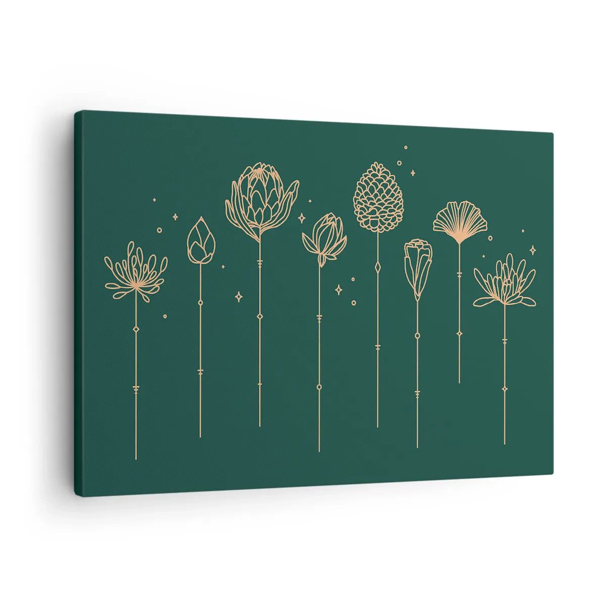 Impression sur toile - Image sur toile - Dessins dorés d'herbes sur fond vert foncé - 70x50cm - La famille Plante - Décoration murale moderne pour le salon et la chambre ARTTOR