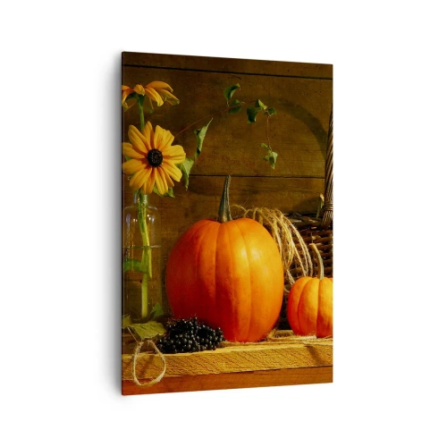 Impression sur toile - Image sur toile - Composition d'automne avec citrouilles et fleurs sur fond de bois - 70x100cm - Une composition rustique - cadeaux d'automne - Décoration murale moderne pour le salon et la chambre ARTTOR