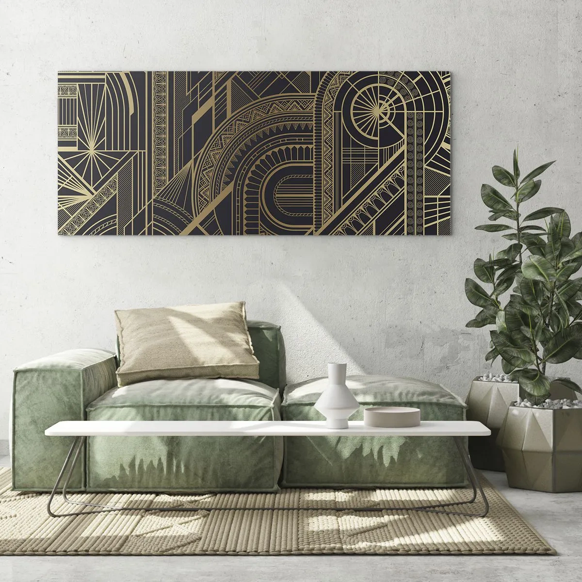 Impression sur verre - Image sur verre - Motifs géométriques dorés sur fond noir dans le style Art Déco - 120x50cm - Concept, idée, plan - Décoration murale moderne pour le salon et la chambre ARTTOR
