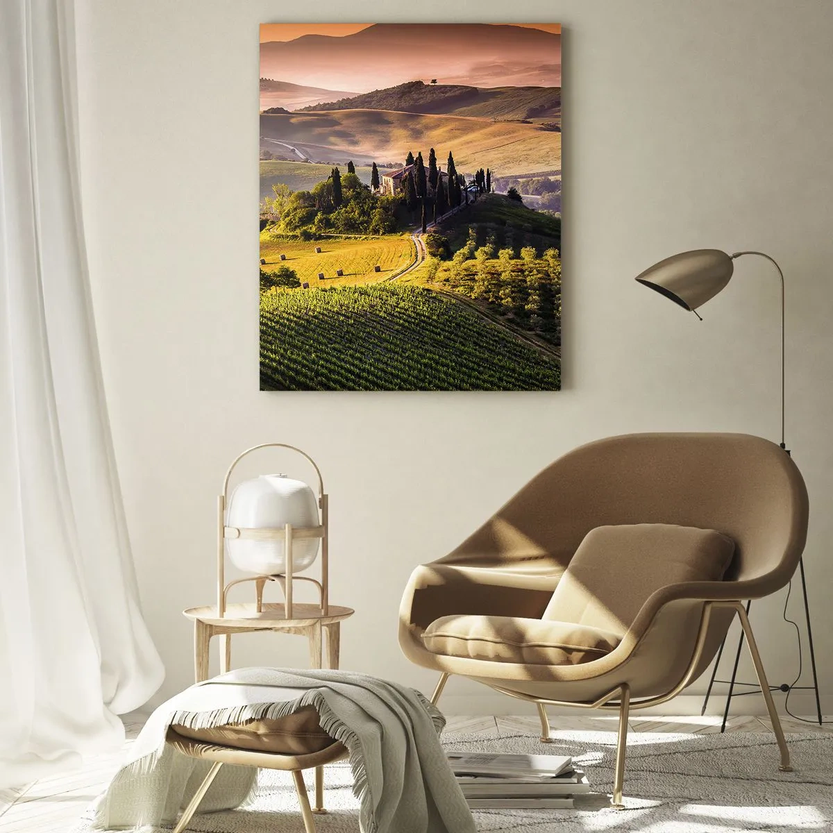 Impression sur verre - Image sur verre - Paysage toscan avec des vignes et une maison sur une colline - 70x100cm - Arcadie - le paysage toscan - Décoration murale moderne pour le salon et la chambre ARTTOR