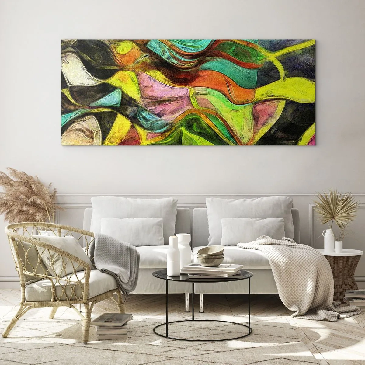 Impression sur verre - Image sur verre - Une composition abstraite avec des taches colorées et des lignes dynamiques. - 120x50cm - Le mouvement c'est la vie - Décoration murale moderne pour le salon et la chambre ARTTOR