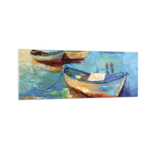 Impression sur verre - Image sur verre - Bateaux colorés amarrés sur une eau calme - 140x50cm - Dans la baie du sud - Décoration murale moderne pour le salon et la chambre ARTTOR