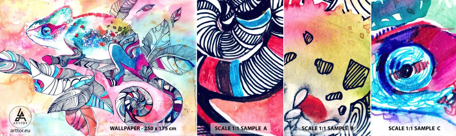 Échantillon de Papier Peint Autocollant Deluxe Sticker - Aussi coloré que notre monde - Caméléon, Abstraction, Nature - 100x30 cm