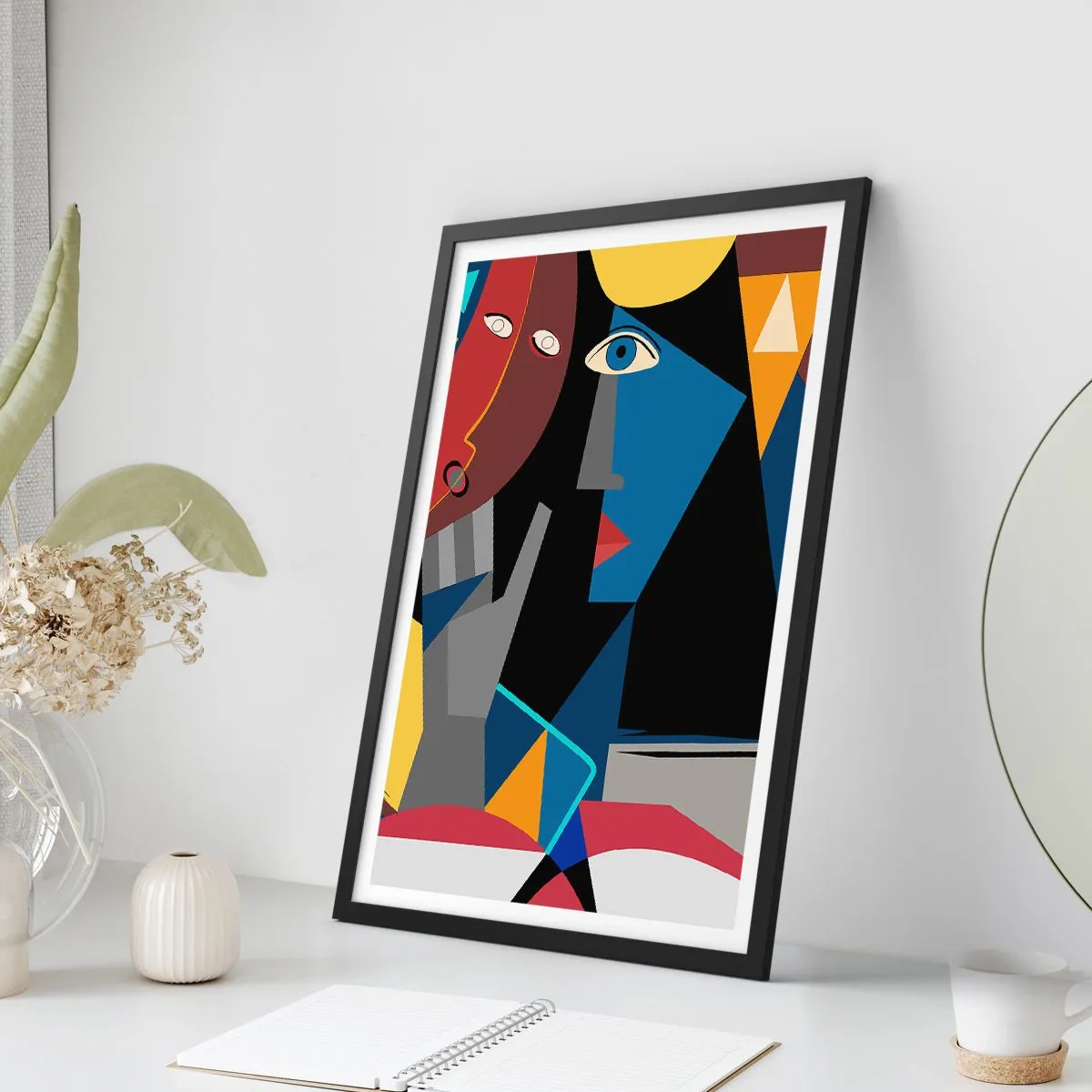 Affiche dans un cadre noir - Poster - Abstraction cubiste d'un visage aux couleurs vives - 50x70cm - Une conversation entre cubistes - Décoration murale moderne pour le salon et la chambre ARTTOR