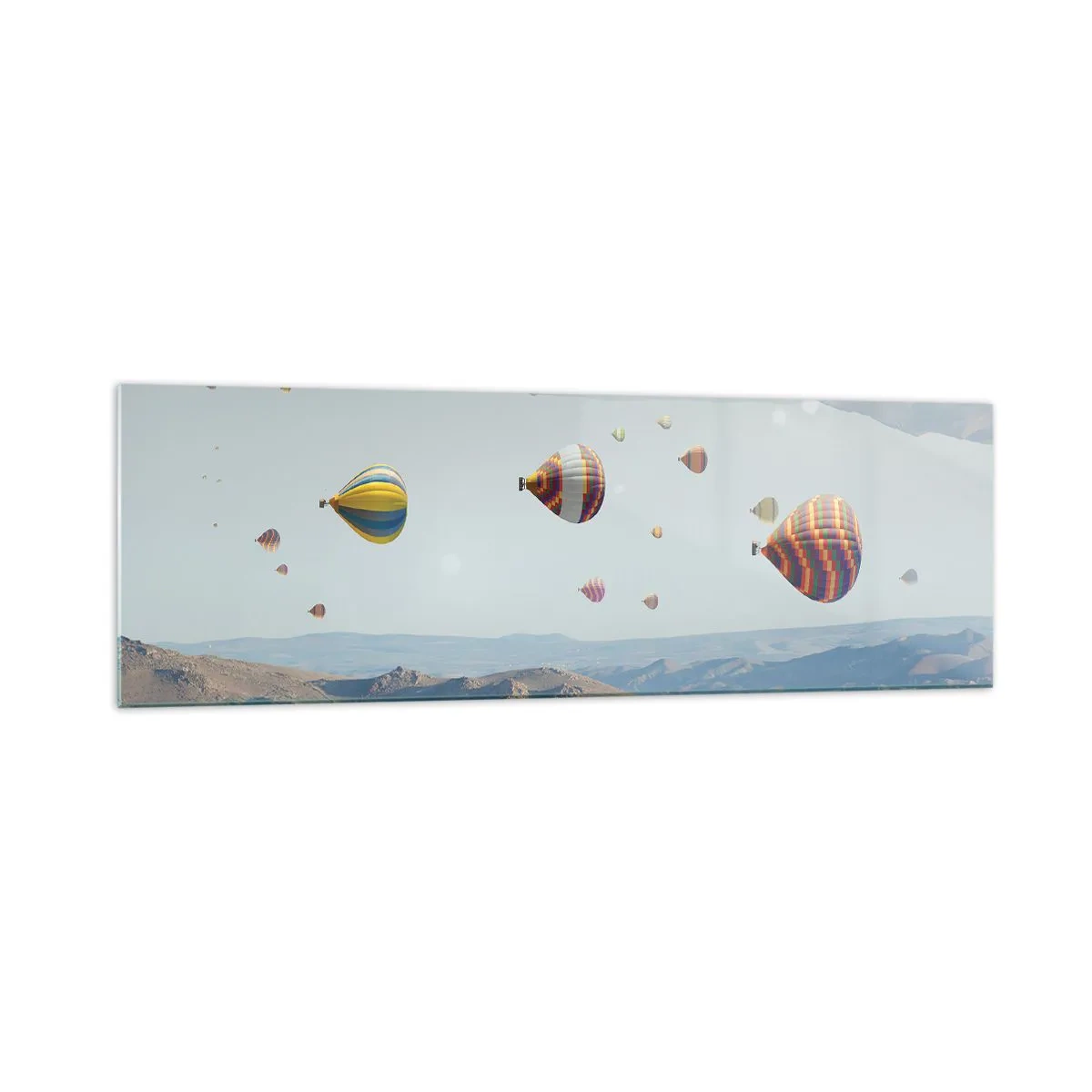 Impression sur verre - Image sur verre - Ballons colorés au-dessus d'un paysage rocheux - 160x50cm - Ici, tout est possible - Décoration murale moderne pour le salon et la chambre ARTTOR