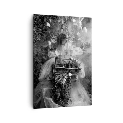 Impression sur toile - Image sur toile - Une composition en noir et blanc avec une figure en robe et une cage dans le brouillard. - 70x100cm - Tout simplement Mère Nature - Décoration murale moderne pour le salon et la chambre ARTTOR